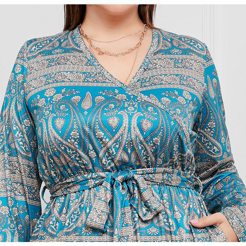 Spring and Autumn Women's Dress Plus Size Loose Women's V-Neck Long Dresses Vintage Temperament Printed Dresses