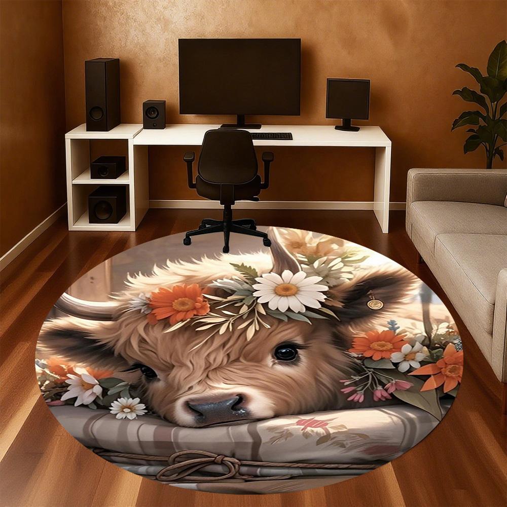 1PC Cute Cow Flowers Pillow Round Chair Mat Area Rug - Non-Slip, Floor Mat for Office, Bedroom, Home Decor Christmas Gift C0528105