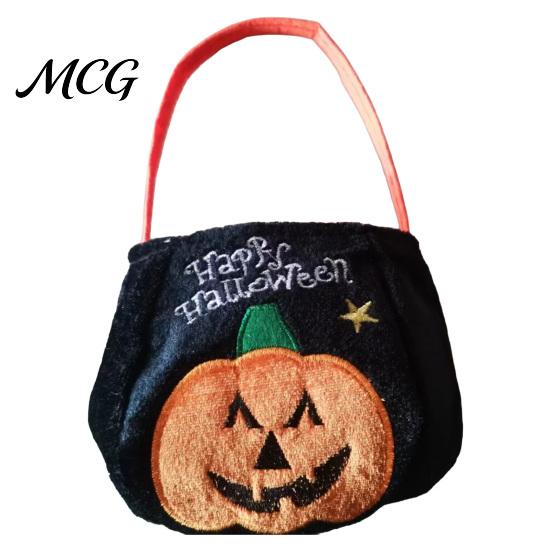 Thick Fabric Candy Pouch Halloween Trick or Treat Bucket, 9.8x5.9 Inch Pumpkin Witch Black Cat Plush Children's Tote Bag, Soft Basket with Handle for