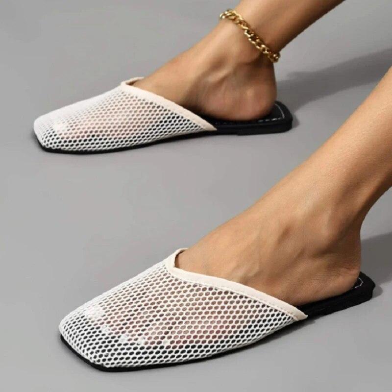 Order A Size Up,Summer Women Slippers Sexy Mesh Mules Indoor Home Slides Square Toe Female Flats Shoes Outdoor Clogs Beach Sandals Flip Flops 43