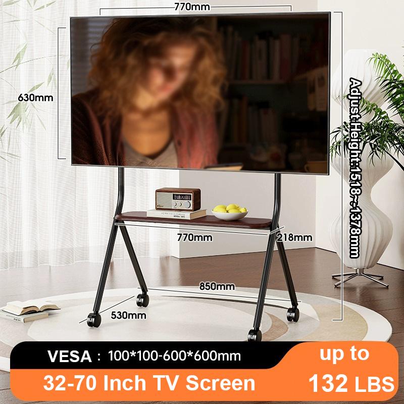 BEISHI Mobile Rolling TV Stand with Wood Shelf, Easy-to-Assemble Roller TV Cart for 32-90 Inches TVs for Living Room Outdoor