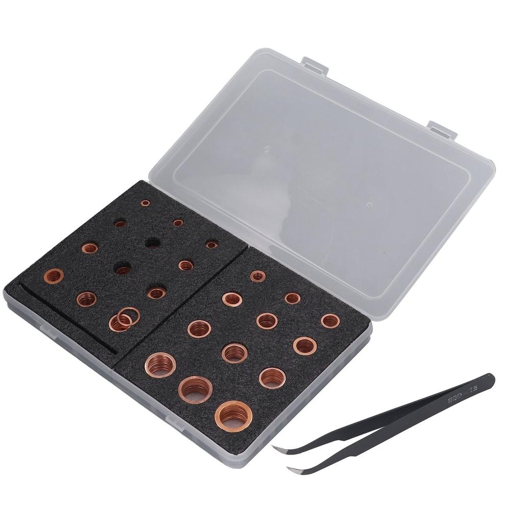 396PCS Round Flat Washer 24 Sizes Red Copper Flat Sealing Washer Set with Plastic Box Tweezers