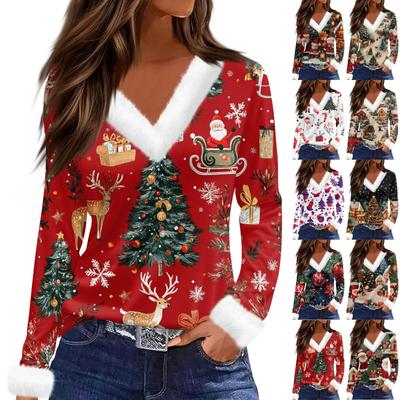 Women's Fashionable V Neck Long Sleeved Christmas Printed Plush Collar Casual Top