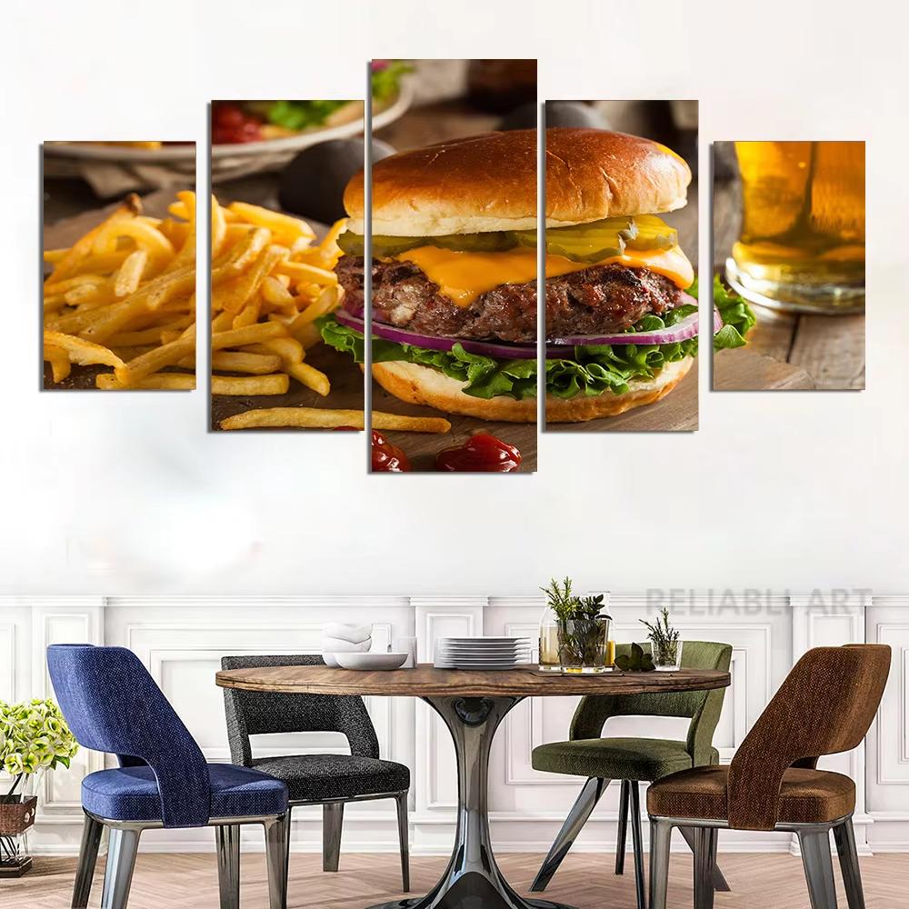 5 Panel Cheesy Beef Burgers HD Pictures Canvas Painting Delicious Fast Food Hamburger Posters for Dinning Room Wall Decor Quadro