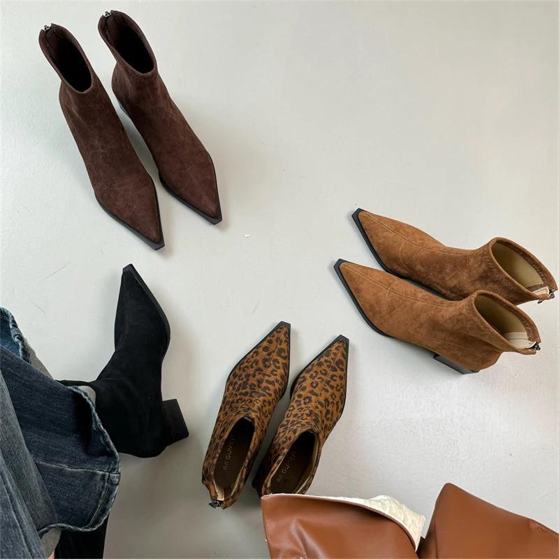 Ghete Moderne de Damă de Designer, Glezniere la Modă cu Vârf Ascuțit, Botine Scurte, Pantofi Casual de Damă cu Toc Gros