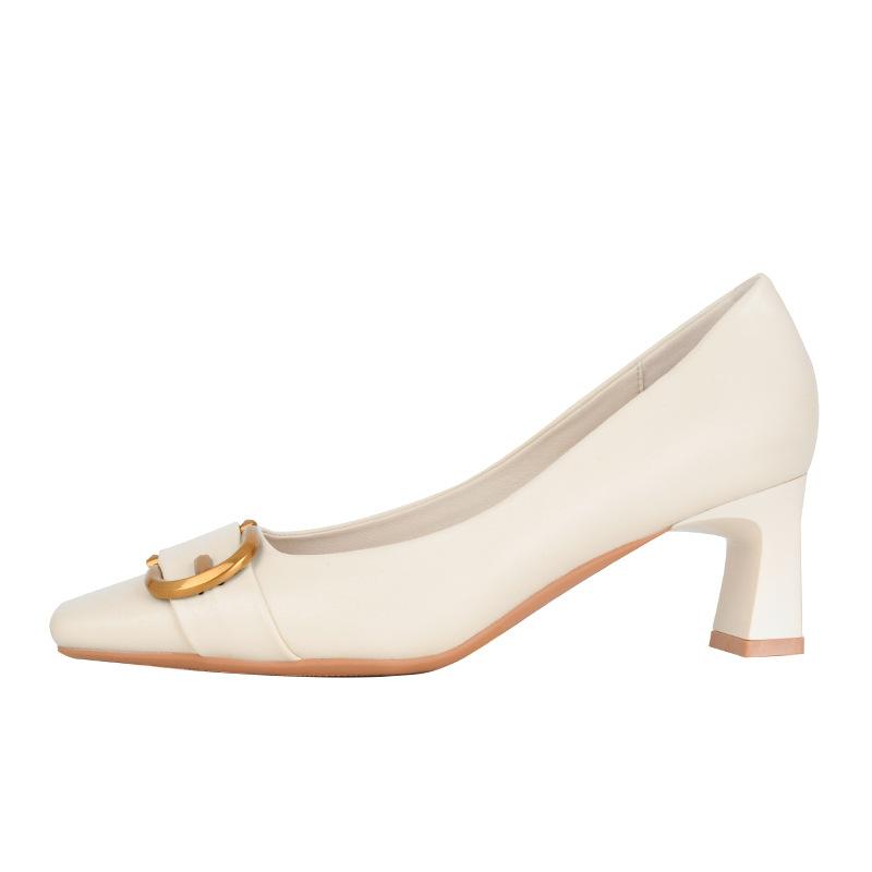 Sheepskin Square Head Thick Heel Temperament High Heels Women's Fashion Exquisite Celebrity Commuting Single Shoes Spring and Autumn