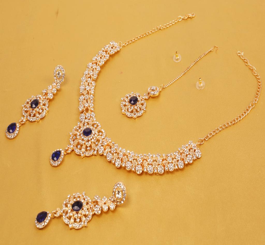 Touchstone Women's Indian Jewelry Set, Gold Wedding Tikka Necklace Set, Guest Costume, Fancy Bridal Jewelry, Rhinestone, Crystal, Elegant Formal Prom