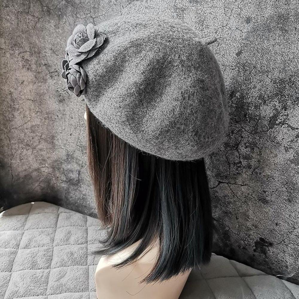 Herbst und Winter Dreidimensionale Kamelienblüten Wollbarett Ausländischer Stil Vielseitig Warm Knospenmalermütze Frau
