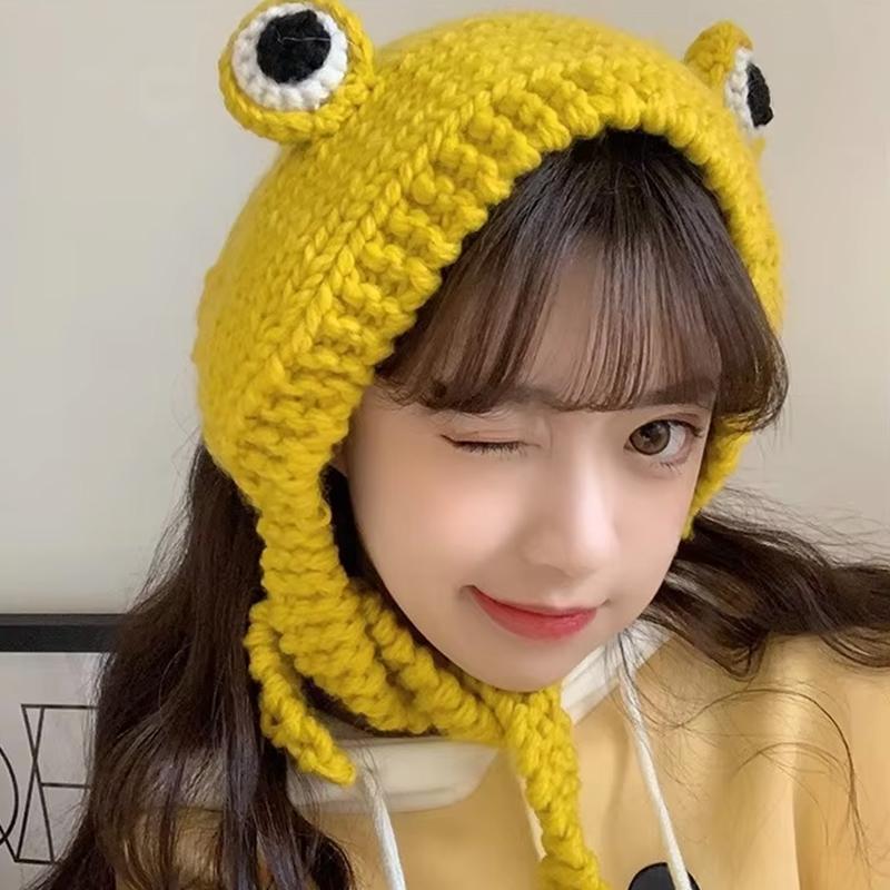 Autumn And Winter Big Eyed Frog Hat Head Cover Handmade Ear Protection Hair With Hat Korean Version Green Cute Knitted Yarn