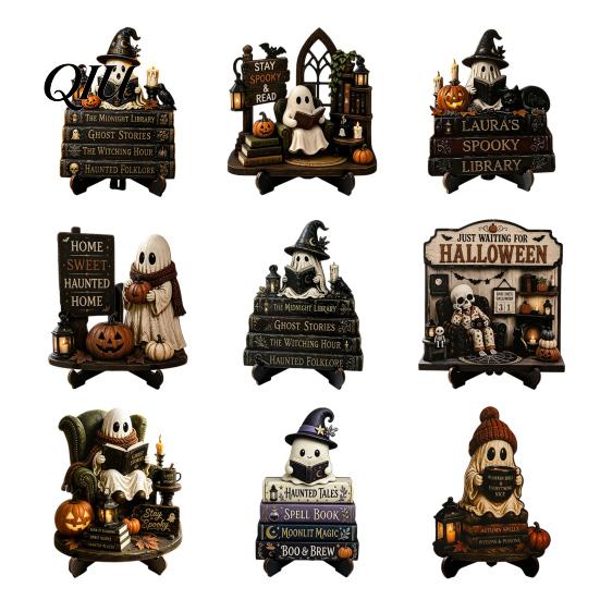 Halloween Party Tabletop Centerpieces Reading Ghost Figurine, Wooden Desktop Ornaments, Vintage Pumpkin Decor Statue with Stand for Home Fireplace