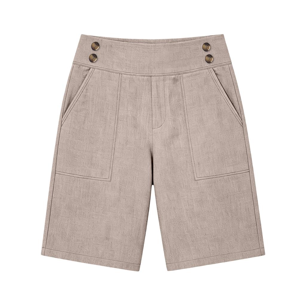 Weiche Shorts aus Baumwollleinen für Damen, Taschen, weicher Knopfverschluss, kein Reißverschluss, schmale Passform
