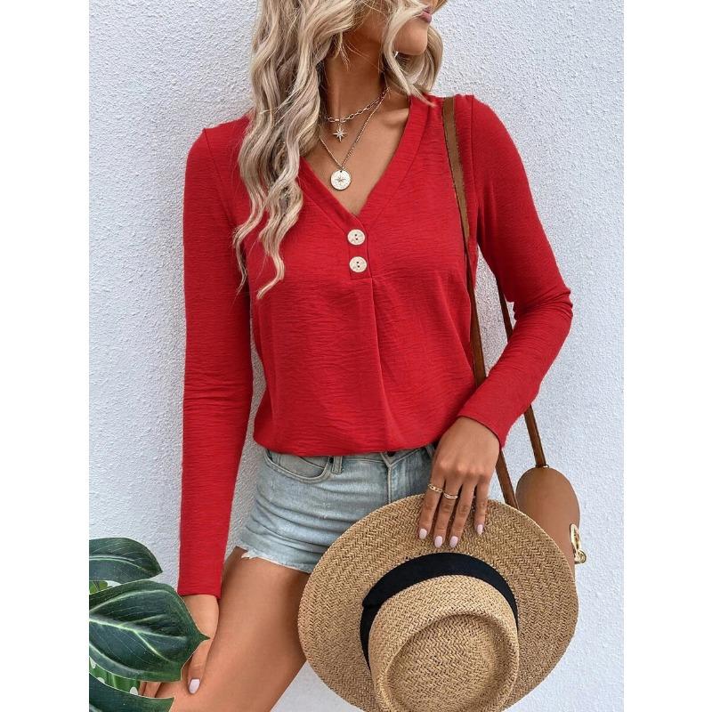 BITCED Women's Fashion Casual Solid Color Print Long Sleeve V Neck Blouses & Shirts