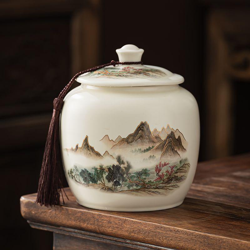 Vintage Mountain Scenery Pattern Ceramic Tea Caddy Moisture Seal Nut Candy Storage Jar Ink Ceramic Storage Bottle Art Decoration