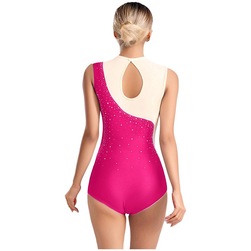 Body de Dança Feminino Peça Única S-XXL: Collant Patchwork de Renda com Strass, Sem Mangas e Costas Vazadas para Performance de Palco