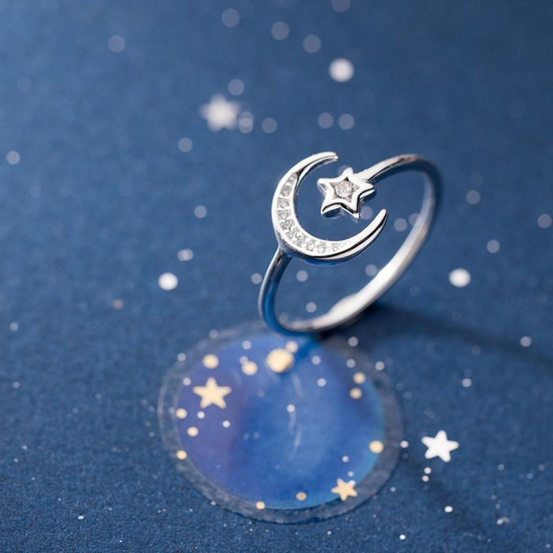 VENTFILLE Silver Color Star Moon Love Ring for Women Girl Gift with Crystal Adjustable Party Jewelry Wholesale Dropship