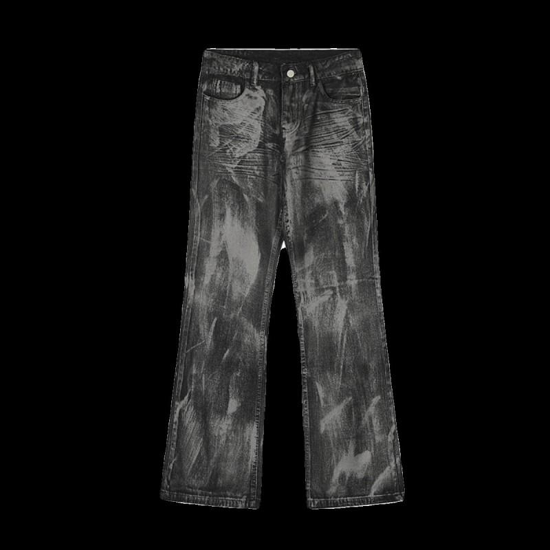 Jeans da Uomo Vintage Pesanti Lavati Denim Vestibilità Larga Gamba Svasata Hip Hop Streetwear