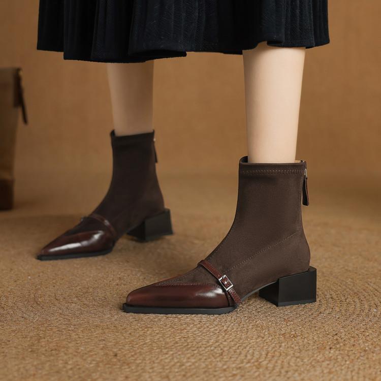 Thick heel pointed head women's retro cowhide splicing small short boots versatile and thin