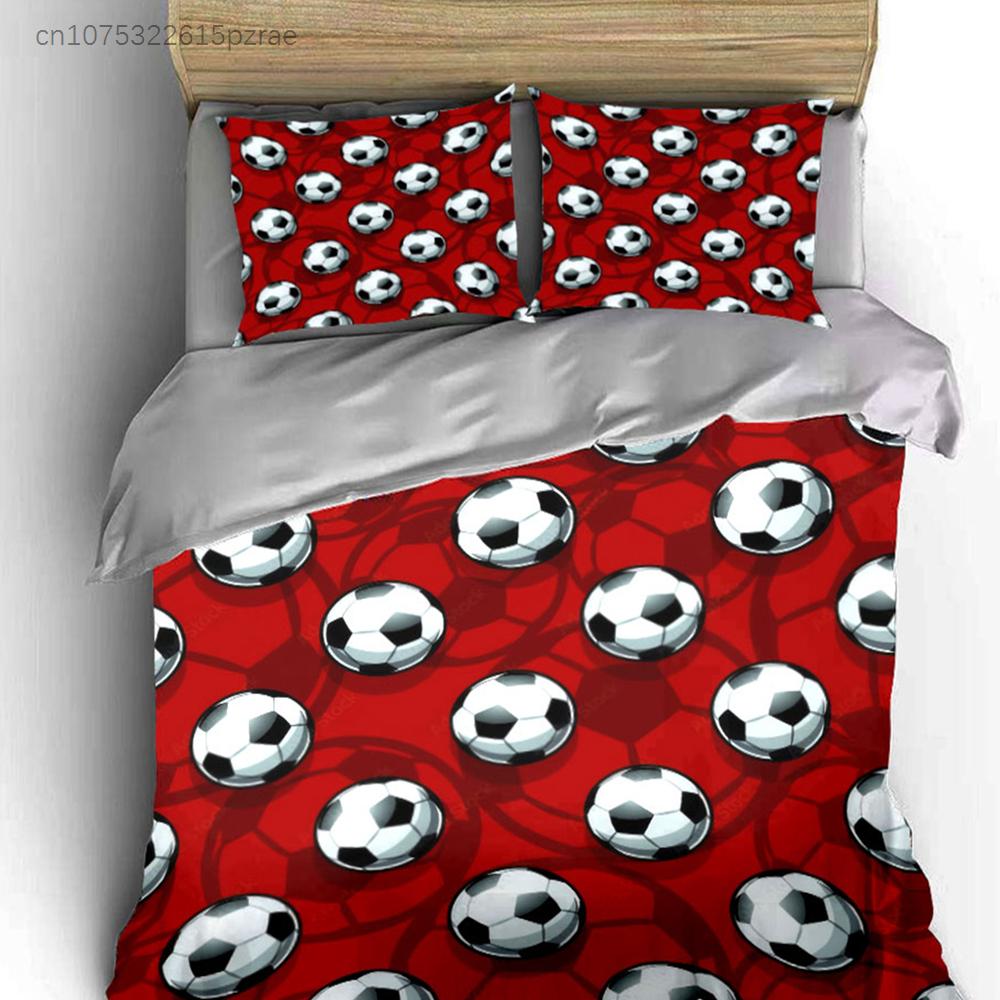 Red Background Soccer Ball Pattern 3PCS Bedding Set Soft Microfiber Bed Sheet Pillowcase Set For Kids Football Fans Room Decor