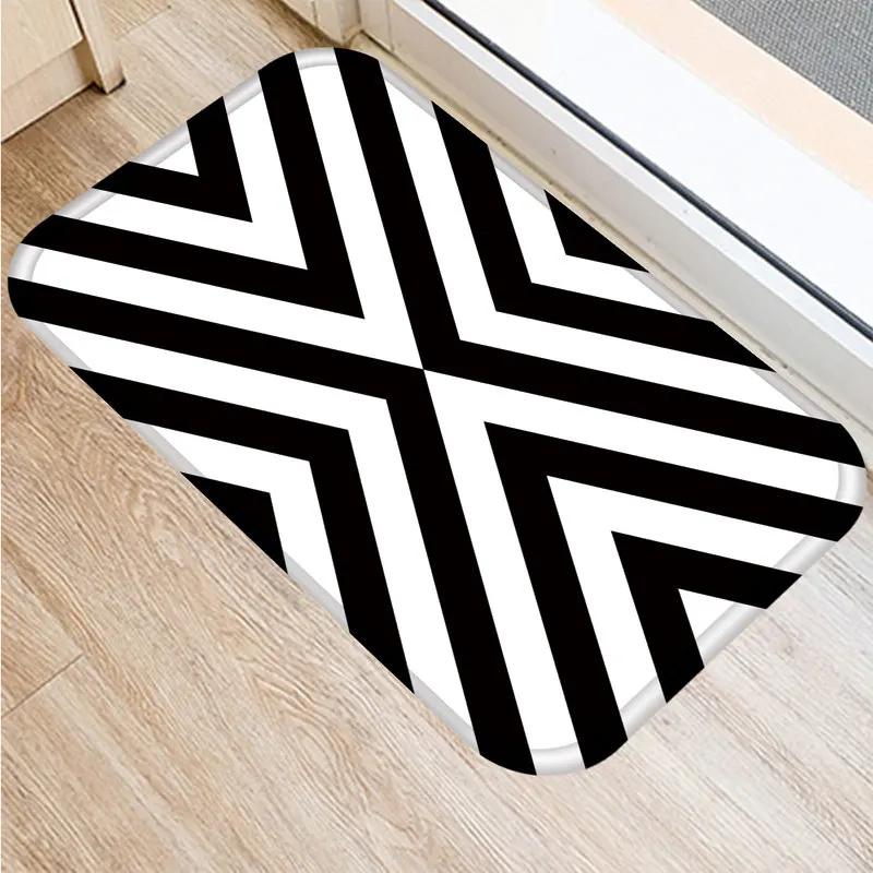 Anti-slip Bathroom Door Mat Oil-proof Kitchen Rug Bedroom Living Room Black and White Geometric Print
