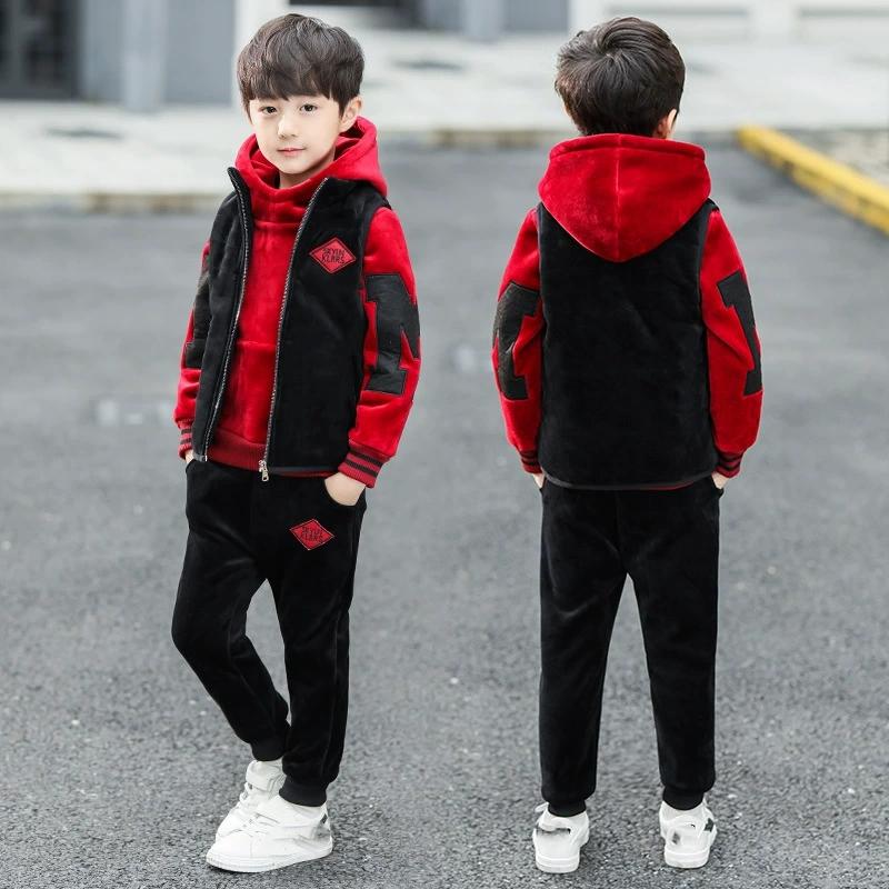 Autumn Winter Boys Tracksuit Teenager Clothes Velvet Zipper Vest Jacket + Hooded + Pant Children Set Kids 8 9 10 11 12 Year