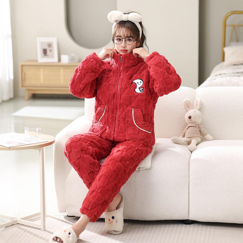Pajamas women's winter thickened three-layer padded cotton and fleece to keep warm, large size can be worn outside coral fleece loungewear