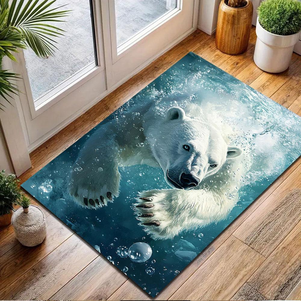 Swimming Polar Bear Adventure Patterned Carpet, Non Slip Mat Suitable for Living Room and Bedroom Sofas