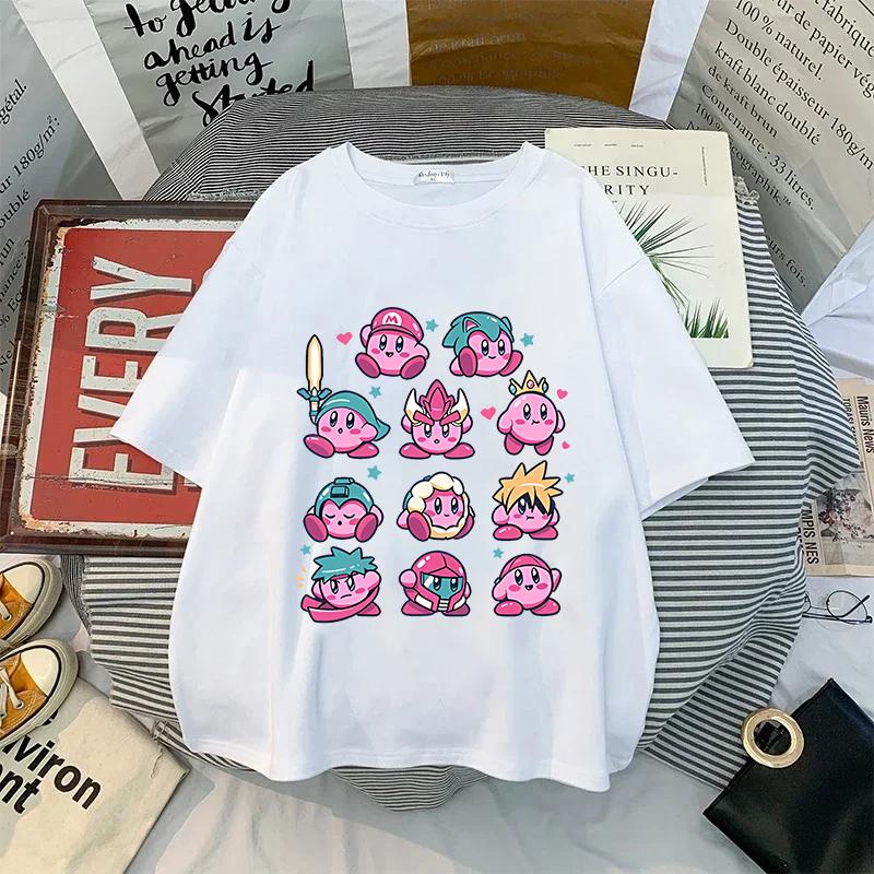 Kirby Shirt Summer O-neck Round T-shirt Cotton Short-Sleeve Tops Solid Color Adult Printed Anime White Tshirt Collar Couple Tees