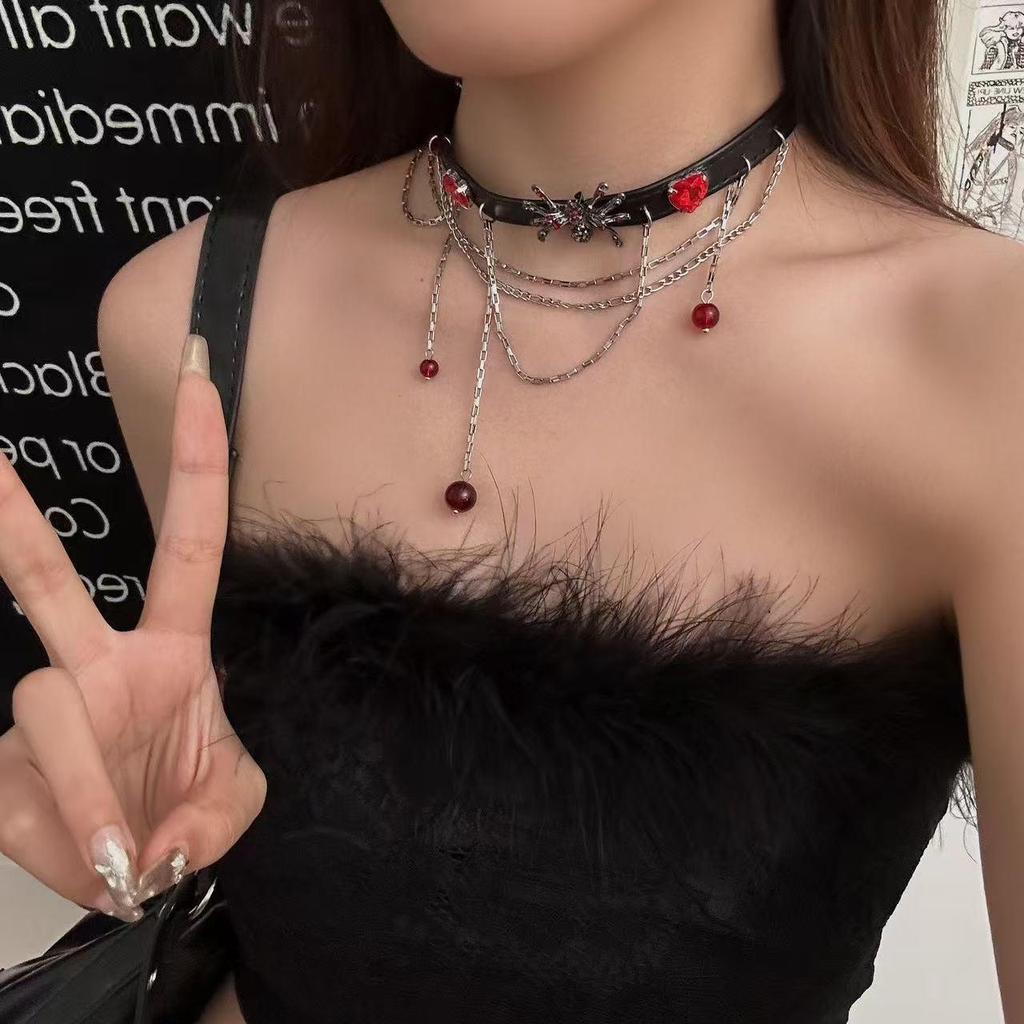 Y2K Spicy Girl Dark Star Leather Choker Necklace - Pure Desire Clavicle Chain