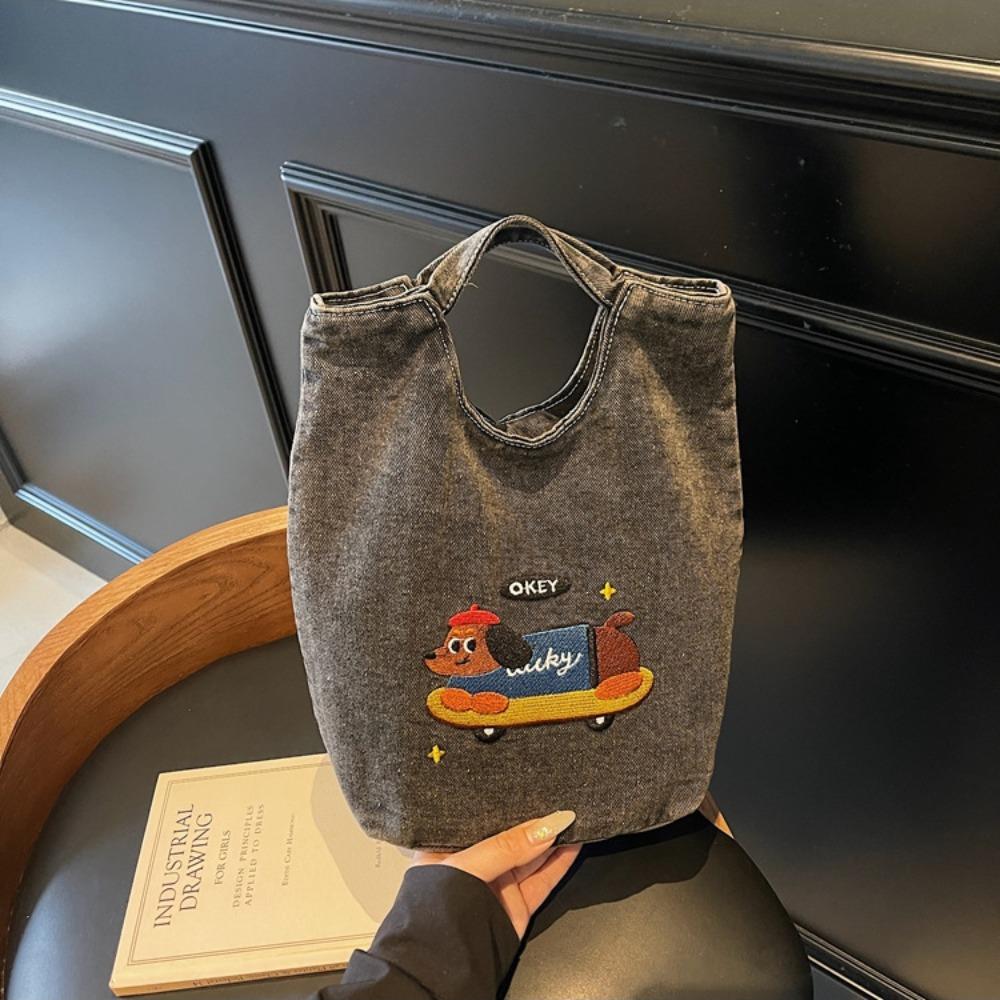 

Large Capacity Denim Handbag Small Cloth Bag Lunch Bag Portable Embroidered Canvas Bag Outdoor Style 1