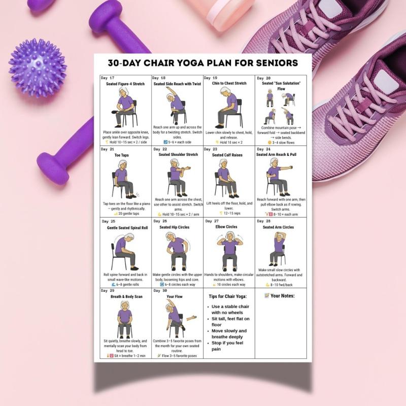 2/10 Vel Thuis Trainingsgids En Fitnessschema Voor Sportscholen 30-Dagen Stoelyoga Challenge Voor Ouderen Volledig Lichaam Trainingsplan