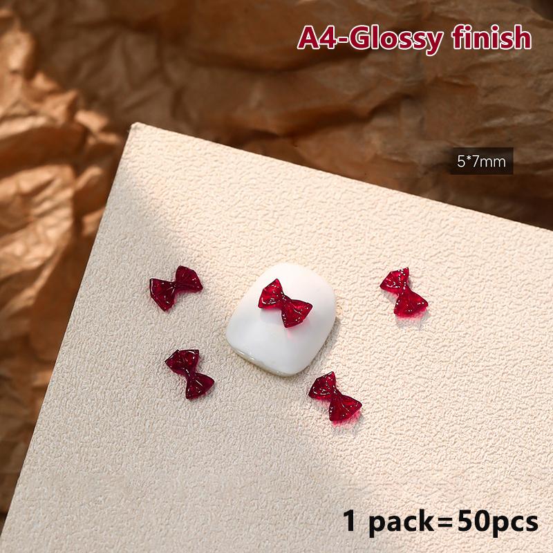 50Pcs French Style Bows Nail Accessories Mixed Size 3D Wine Red Bowknot Nail Charms Kawaii Winter Nail Art Decoration Cute Parts