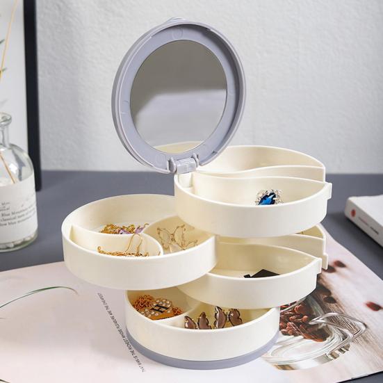 קופסת אחסון לתכשיטים פלסטיק רב-שכבתית אטומה לאבק עמידה בפני לחות סיבוב 360 מעלות מארגן תכשיטים עם מראה מובנה