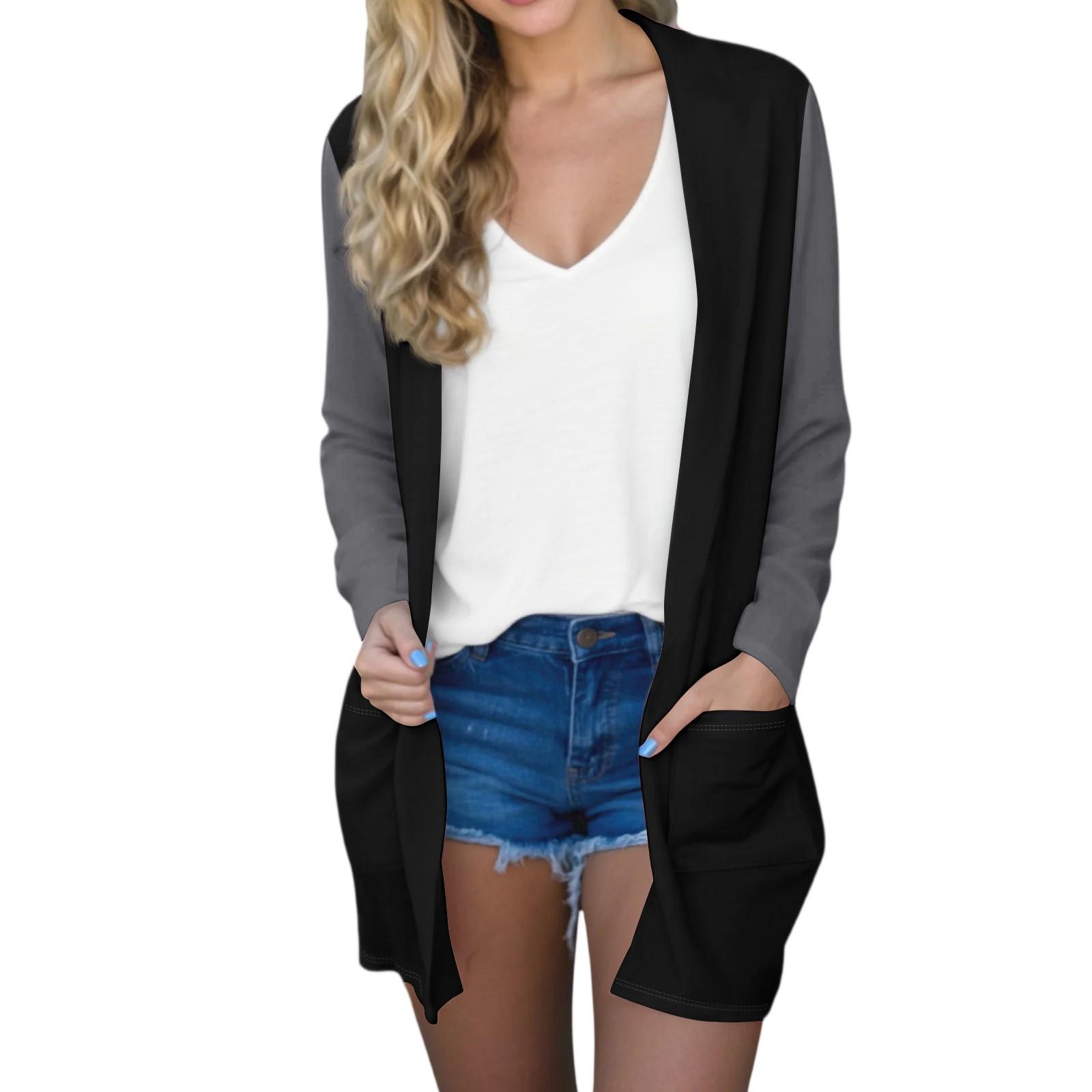 

Женский модный повседневный удобный кардиган средней длины с цветной вставкой L тёмно-синий