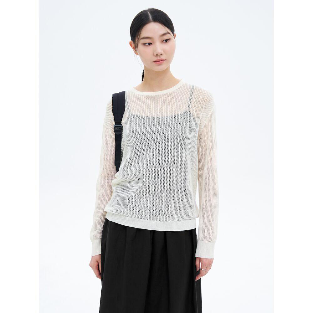 8SECONDS Linen Blend Net Round Neck Pullover Ivory