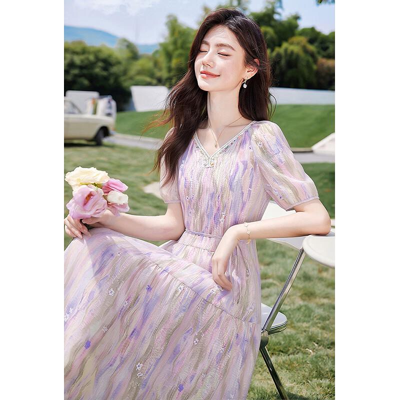 Elegant Colorblock A-Line V-Neck Summer Dress M