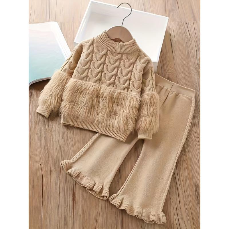 

Стильный однотонный топ с длинным рукавом и брюки, связанные кабельным узором, комплект из двух предметов, повседневная одежда, женская одежда, элегантный трикотаж, свитер с цветочным дизайном 140cm хаки