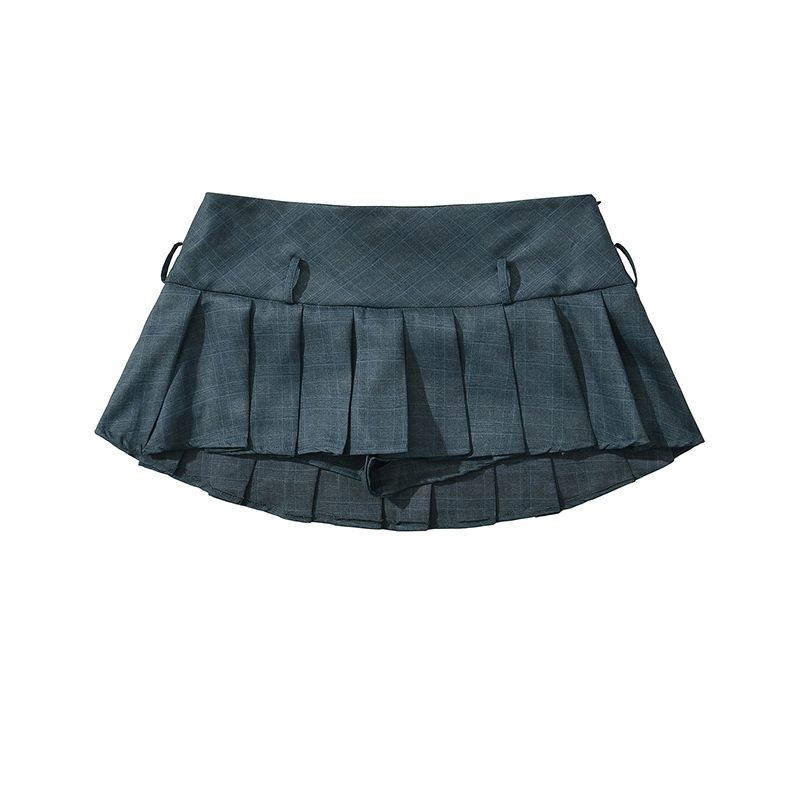

Sweet American Style Sweet Cool Sexy Preppy Style Gray Stylish Low Waist Pleated Skirt Fashion Tape A- line Mini Skirt Dark gray (no belt) L