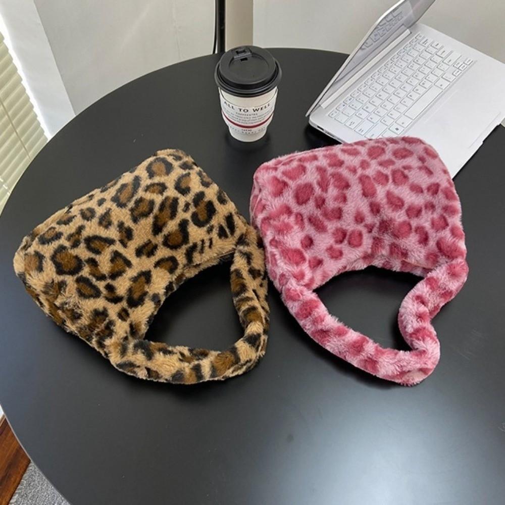 Storage Leopard Print Plush Handbag Tote Bags Hand Purses Korean Underarm Bags Flower Pattern Leopard/Stripe Fluffy Storage Bag