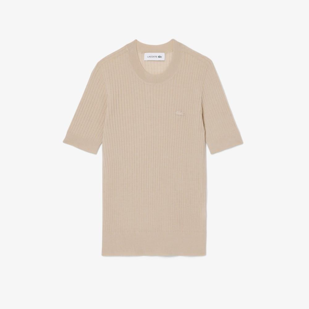 [lacoste] Women's Fine Merino Wool Rib-Knit Short-Sleeve Sweater AF4146-56GX6F