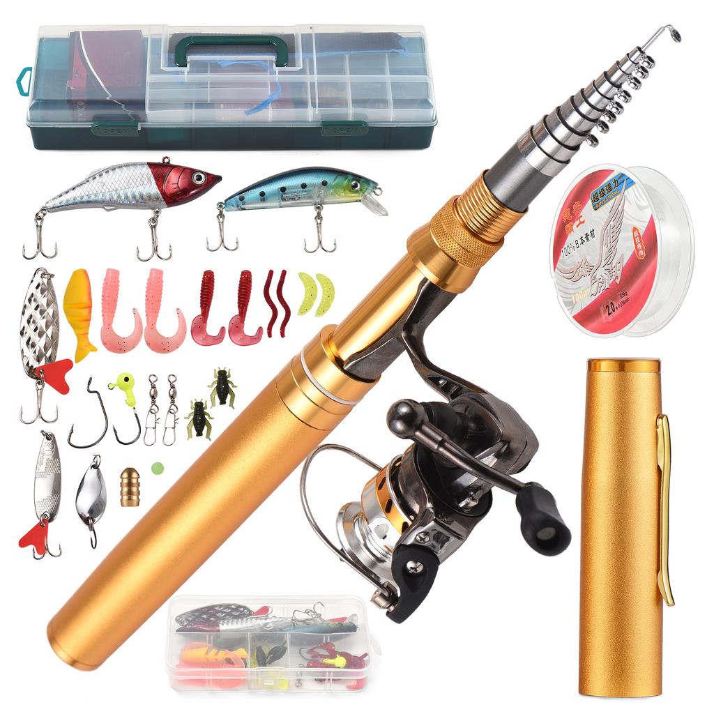 Kombinace rybářského prutu a navijáku Teleskopická rybářská hůl s kombinovanou sadou přívlačových návnad na vlasec