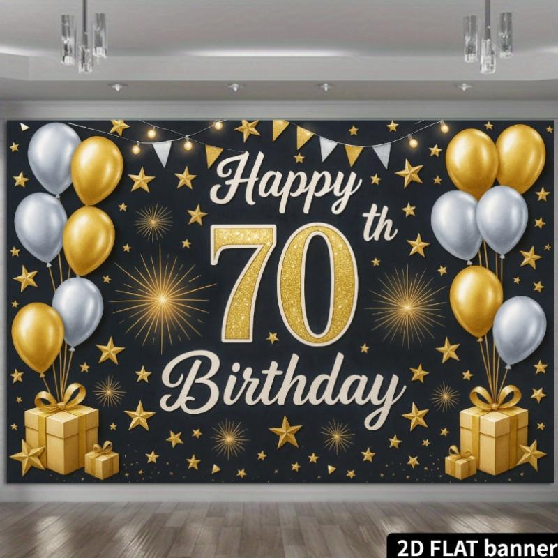 2D Black Gold Luxury 70th Birthday Backdrop Fabric - Polyester Material - Suitable for Indoor Living Room / Outdoor Courtyard