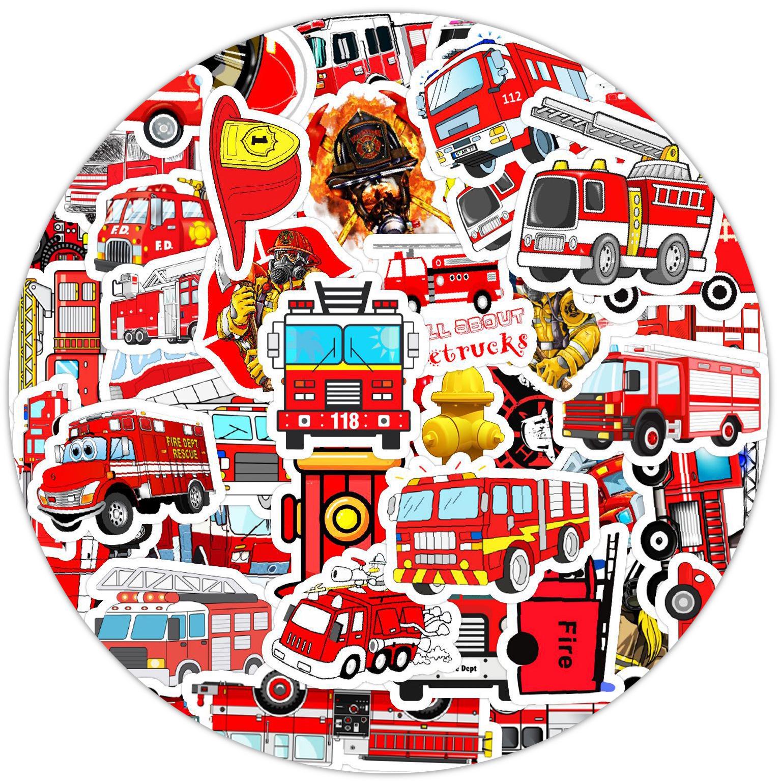 Fire Truck Glossy Film Stickers - 50 Cartoon Backpack Decorations 5-6.5 CM