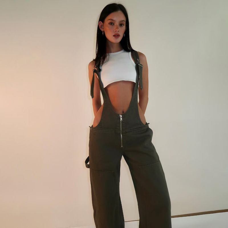 

Fashion Zipper Denim Suspenders Loose Pockets Wide-Leg Draggle-Tail Trousers Zipper Denim Overalls Black L