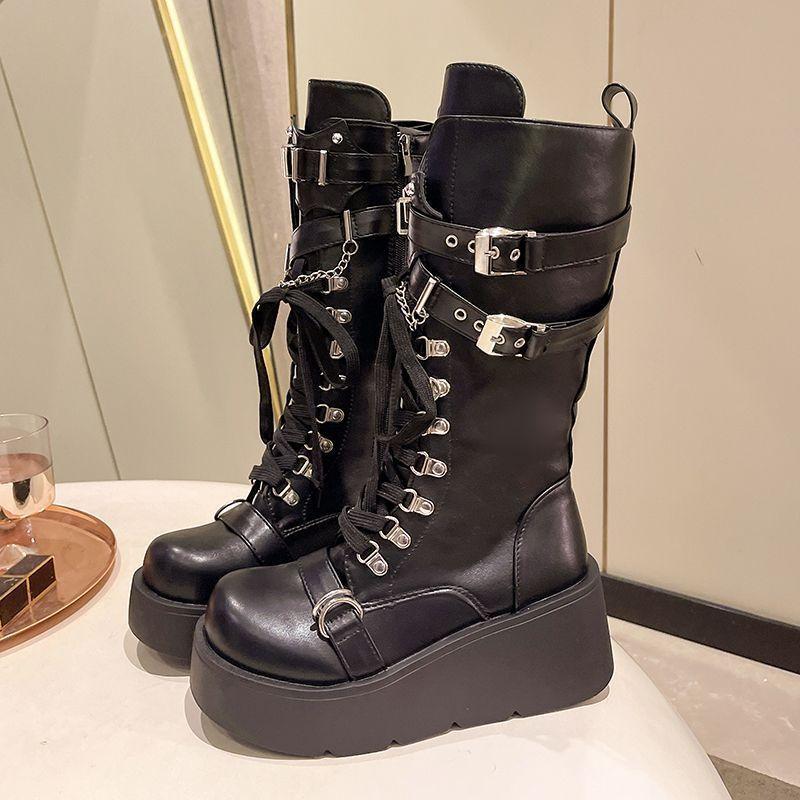 Sweet Cool Spice Girl Metal Punk Style Platform Locomotive Boots Women's New Slope Heel Tall Knight Boots