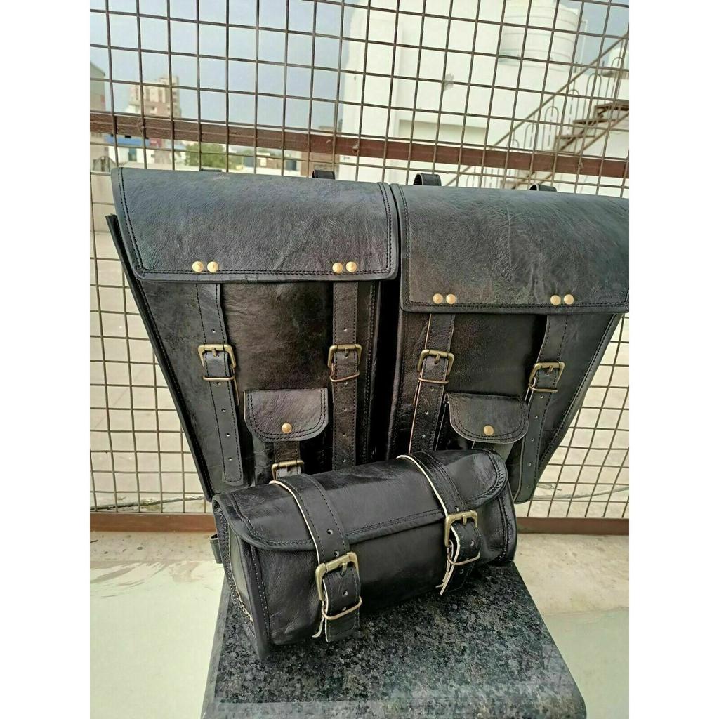 Kombinierte schwarze Motorrad-Satteltasche aus schwarzem Leder mit Schwingarm, Gepäck und kostenloser Werkzeugtasche