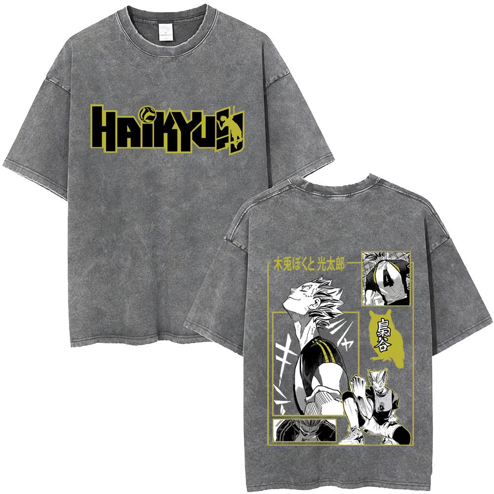 Gewaschenes Vintage Anime Haikyuu KARASUNO Merch T-Shirt Herren Cartoon Manga Oversized T-Shirt Herren Sommer Lässige Kurzarm-T-Shirts