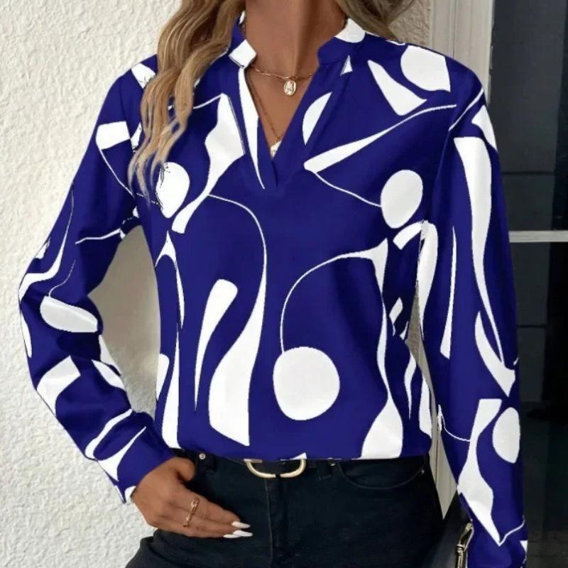 

Women s Elegant V-Neck Shirt Casual Print Long Sleeve Shirt for Spring 2XL синій