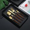 5pcs Shiny Flatware Set with Wooden Effect Handle Stainless Steel Silverware Tableware Set with Gift Box Mirror Finish Cutlery Set Gift