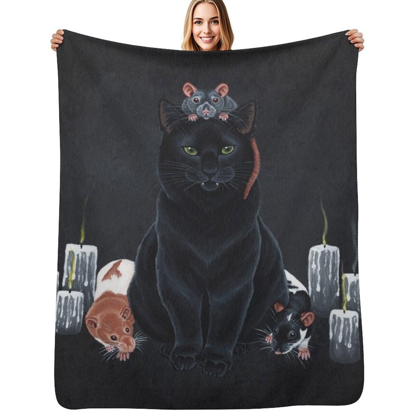 Black Cat and Fancy Rats Throw Blanket Elegant Warm Throw Blanket for Hotel Home Size: 75*100cm, Weight: 230 GSM