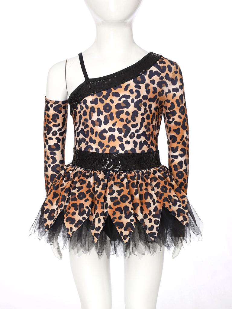 Girls Tribal Cosplay Costume Primitive Dress Sequins Details One Sleeve Design Puffy Silhouette Built In Briefs Dress Up